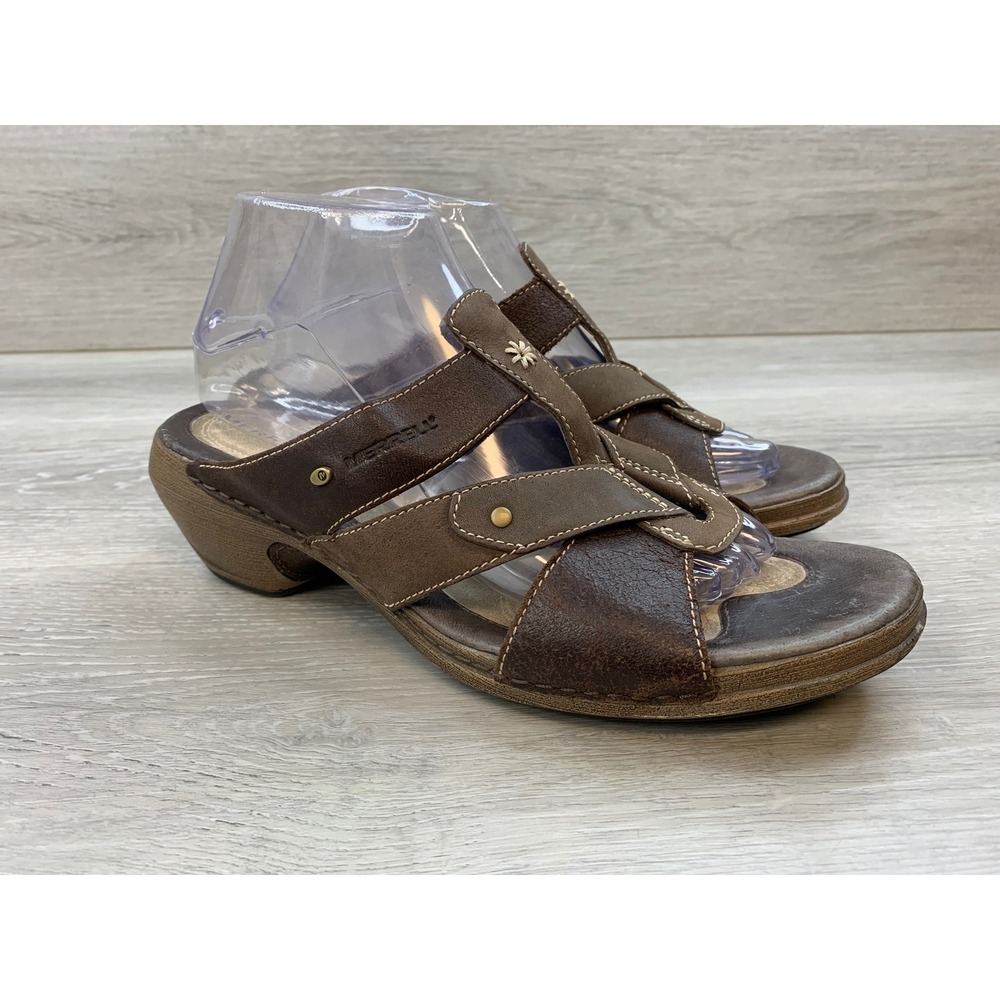 Merrell Luxe Slide Coffee Brown Leather Wedge‎ Sandals Women's 9 ComfortShoes